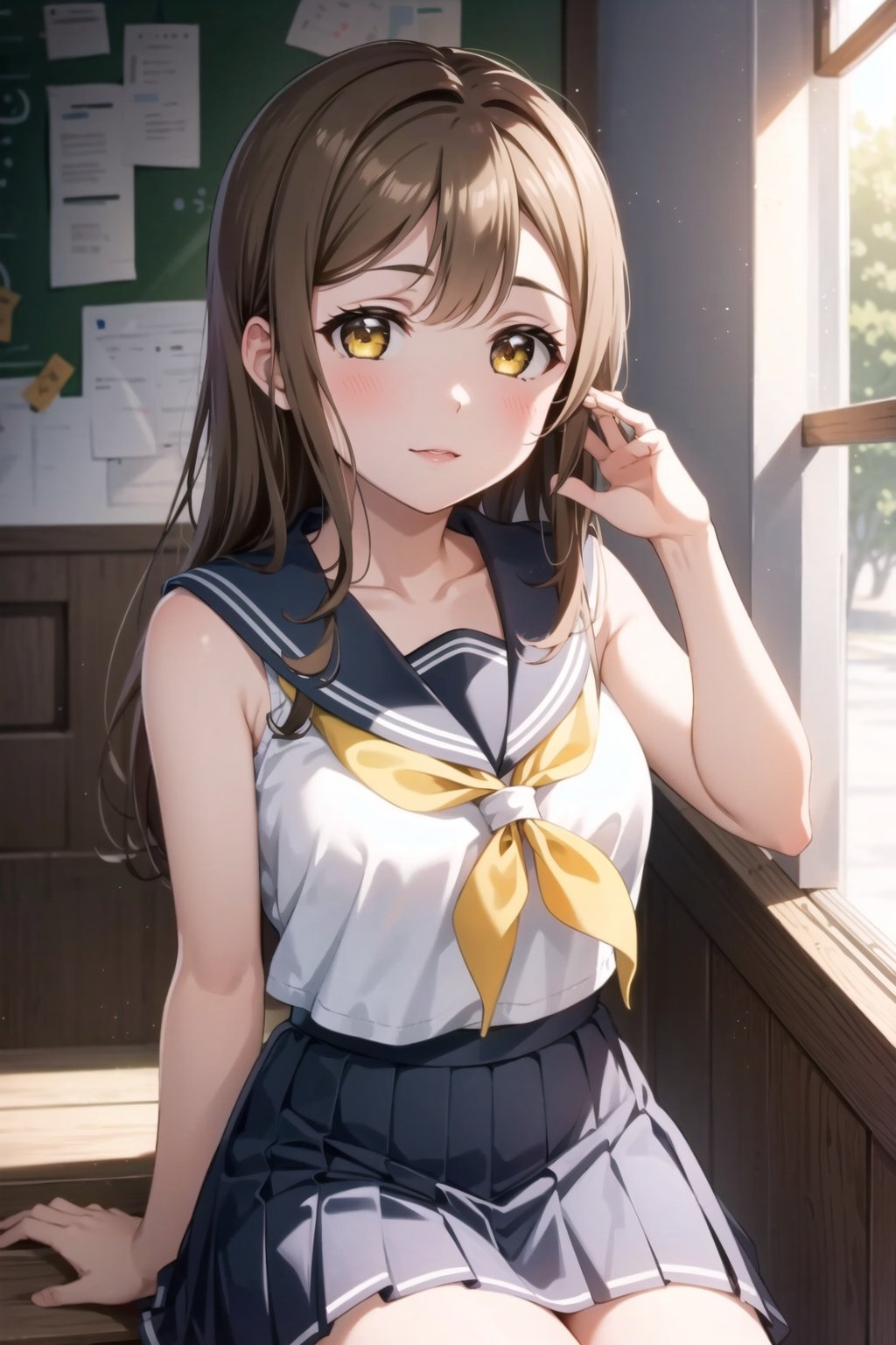 masterpiece, best quality, 1girl, solo, kunikida hanamaru,  <lora:MaruLL_v1-04:0.6>,  long hair, looking at viewer, skirt, brown hair, shirt, school uniform, yellow eyes, white shirt, pleated skirt, serafuku, sleeveless, neckerchief, grey skirt, yellow neckerchief, uranohoshi school uniform, grey sailor collar