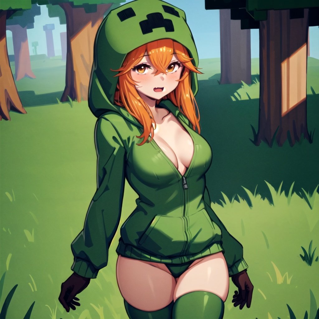 cupa_minecraft, 1girl, solo, standing, close up, medium boobs, tight green_hoodie, hood down, tight green_legwear, brown_gloves, skindentation, minecraft forest