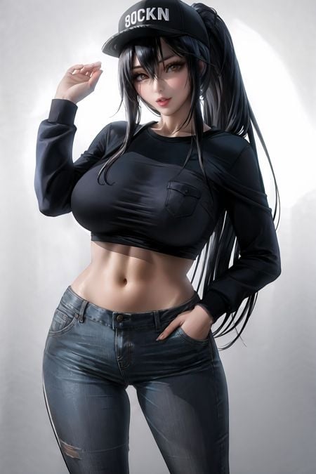 1girl, adjusting headwear, bangs, baseball cap, black hair, black headwear, black pants, black shirt, brown eyes, cowboy shot, crop top, huge breasts, hair between eyes, hand in pocket, hand on headwear, hat, huge breasts, long hair, long sleeves, looking at viewer, midriff, navel, pants, parted lips, ponytail, shirt, sidelocks, solo, stomach, white background,(masterpiece),(best quality),mature female,shiny skin,sakimichan