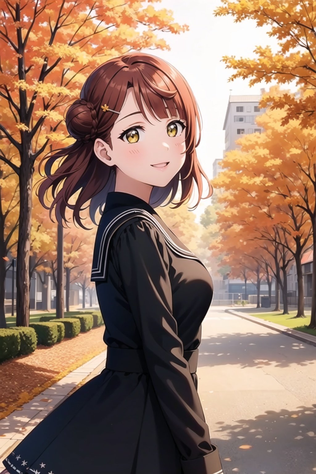 (masterpiece, best quality, ultra-detailed), (illustration), (beautiful detailed eyes), 1girl, solo, uehara ayumu, yellow eyes, hairpin, <lora:AyumuLL_v1-05:0.6>,dress, light smile, autumn leaves, from side, cowboy shot, outdoors, greenary, depth of field, 