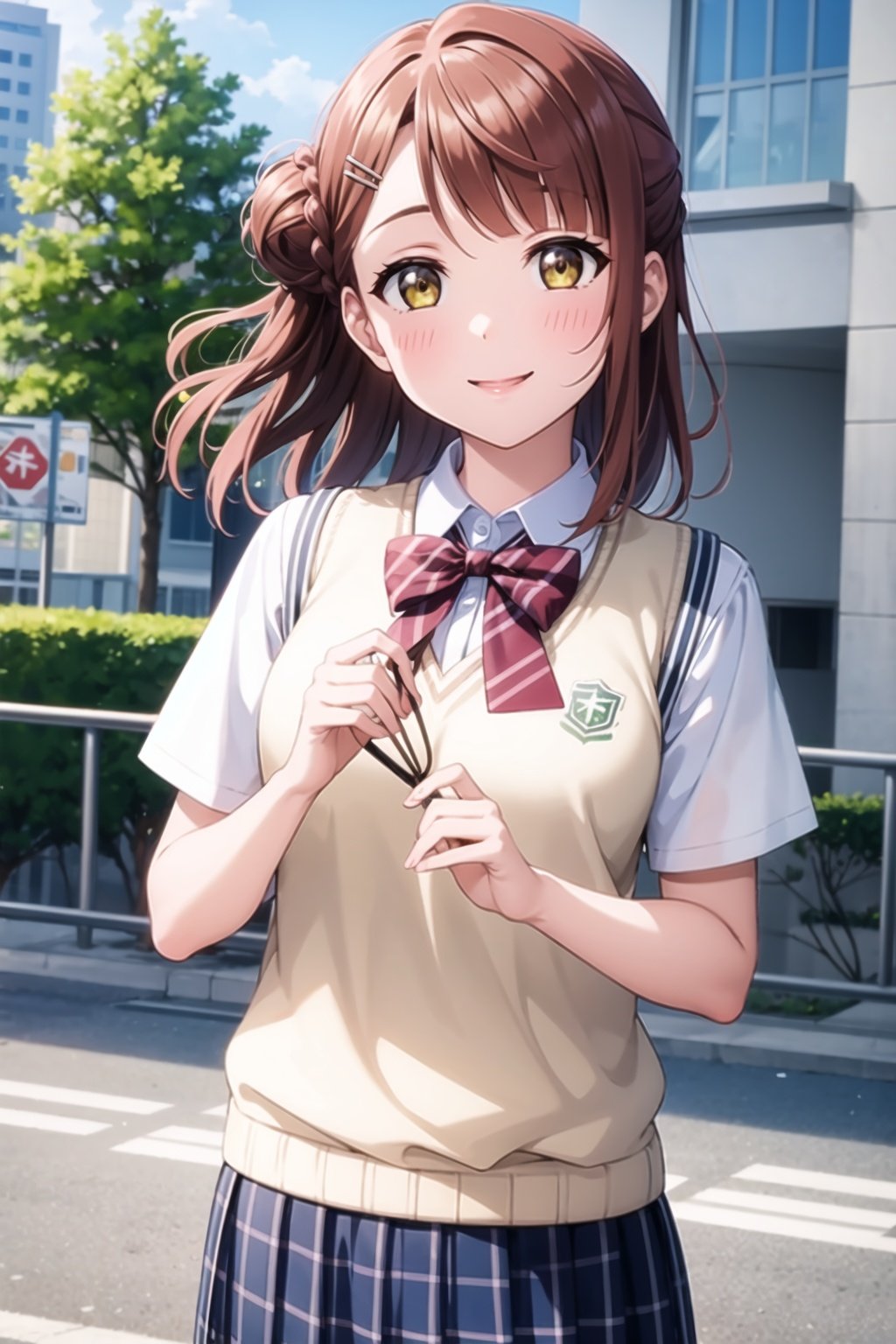 (masterpiece, best quality, ultra-detailed), (illustration), (beautiful detailed eyes), 1girl, solo, uehara ayumu, swept bangs, yellow eyes, hairpin, <lora:AyumuLL_v1-05:0.6>,looking at viewer, smile, skirt, shirt, school uniform, short sleeves, plaid, plaid skirt, sweater vest, summer uniform, nijigasaki academy school uniform,outdoors, greenary, depth of field, 