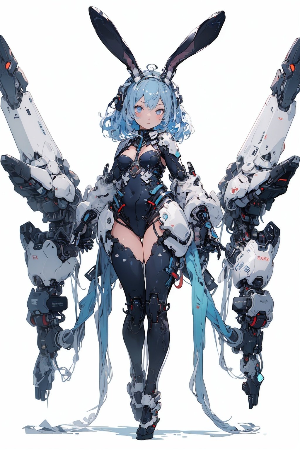 best quality,masterpiece,illustration,1girl,solo,full body,Rabbit ear,White background,Mechanical,Mechanical body,Blue hair,