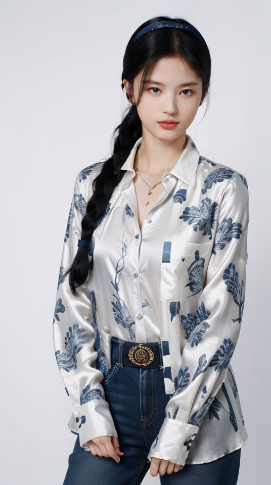 ((Versace baroque-printed silk shirt)),((乔治·阿玛尼 (Giorgio Armani))),french braided headband,(((cowboy shot))), 1girl, 3d, masterpiece, best quality, ultra highres, sharp focus, professional, delicate, finely detailed, detailed skin, professional lighting, mature, idol, confident pose,makeup,style of alessandro michele,looking at viewer, ((simple background)), ((light stone-washed indigo background:1.1)), <lora:fugu:0.2>,<lora:MonkRen Lighting:0.75>  <lora:jjy:0.5>