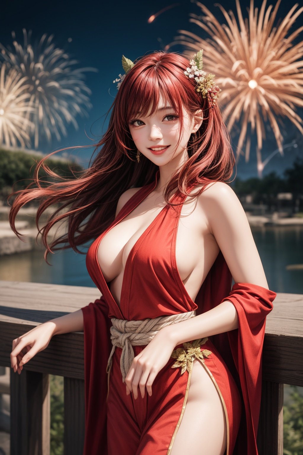 masterpiece, best quality, 1girl, black eyes, long hair, red hair,standing,red hanfu, colorful, large breasts, topless, light smile, nature, hair ornament, firework,