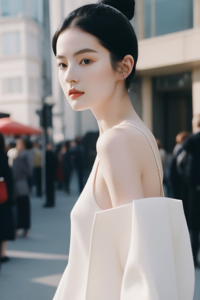 1girl,black_hair,Balenciaga model,looking at viewer,pale skin,blurry_background,realistic,solo,upper_body,,