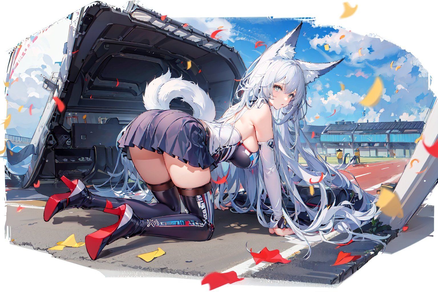 [(white background:1.5)::5], (imid shot:0.95), (full body:1.25), Dynamic angle, (falt color:1.3),colorful,shinano \(azur lane\),1girl, shinano (azur lane), car, breasts, tail, animal ears, skirt, thighhighs, motor vehicle, race queen, ass, ground vehicle, fox ears, long hair, multiple tails, large breasts, white hair, fox girl, official alternate costume, confetti, fox tail, solo, sports car, high heels, looking at viewer, thigh boots, thighs, cloud, pleated skirt, sky, bare shoulders, miniskirt, outdoors, boots, full body, kitsune, blue sky, day, animal ear fluff, white tail, microskirt, black skirt, all fours, logo, bangs, looking back, vehicle focus <lora:azur lane_20230619144714-000018:0.6>     <lora:shinanoAzurLane_v10:0.8>