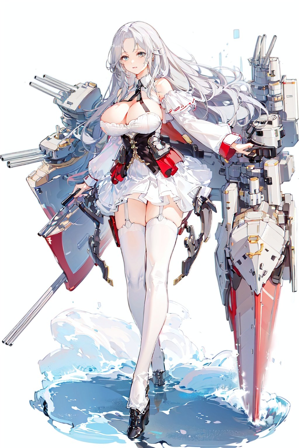 [(white background:1.5)::5], (imid shot:0.95), (full body:1.25), Dynamic angle, (falt color:1.3),colorfulrigging, machinery, cannon,turret, yorktown \(azur lane\), 1girl,solo,large breast,white hair, <lora:azur lane_20230619144714-000018:0.6> <lora:yorktownii-lora-v1-32dim-20ep-naivae:0.7>