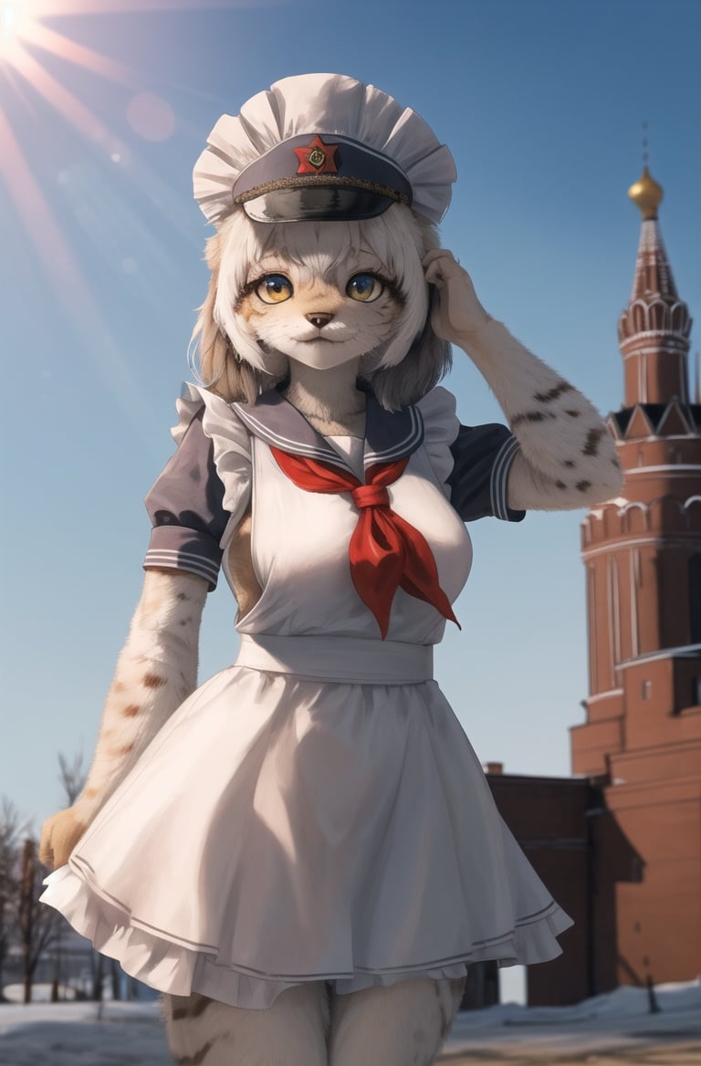 masterpiece, best quality,4k,hdr,perfect lighting 1girl,furry female,solo,moscow,soviet poster,young pionner,day light ,blue sky,outdoors,tankkitten,adorable,white maid uniform,cap, looking at viewer,red neckchief,Communist ideology,dynamic pose,high detail fur<lora:Lynx:0.7>,kemono friends, 