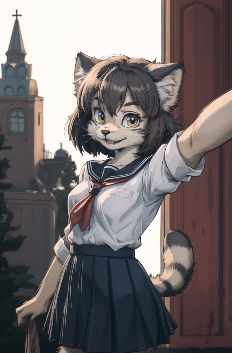 masterpiece, best quality,4k,hdr,perfect lighting 1girl,furry,solo,moscow,soviet,selfie, kitten,adorable,school uniform, looking at viewer,manul,Communist ideology,dynamic pose,fur tail <hypernet:furry_kemono:0.5> <lora:Manul:0.8> 