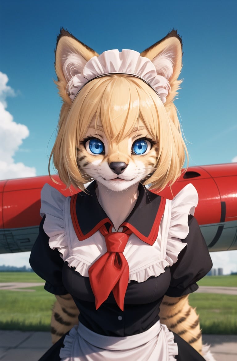 masterpiece, best quality,4k,hdr,perfect lighting 1girl,furry,solo,moscow,soviet poster,blonde,aircraft,cat paws, blue eyes,day light ,blue sky,outdoors,kitten,adorable,maid uniform, looking at viewer,red neckchief,Communist ideology,dynamic pose,high detail fur,from above,tail <hypernet:furry_kemono:0.3>  <lora:servalcat:0.6>