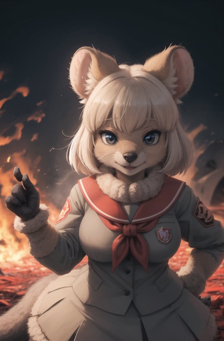 masterpiece, best quality,4k,hdr,perfect lighting 1girl,furry female,solo,moscow,soviet poster,young pionner,battlefield,boomkitten,adorable,black school uniform, looking at viewer,red neckchief,Communist ideology,dynamic pose,high detail fur,rat tailkemono friends, <hypernet:furry_kemono:0.5> <lora:output_name:0.4>,quokka