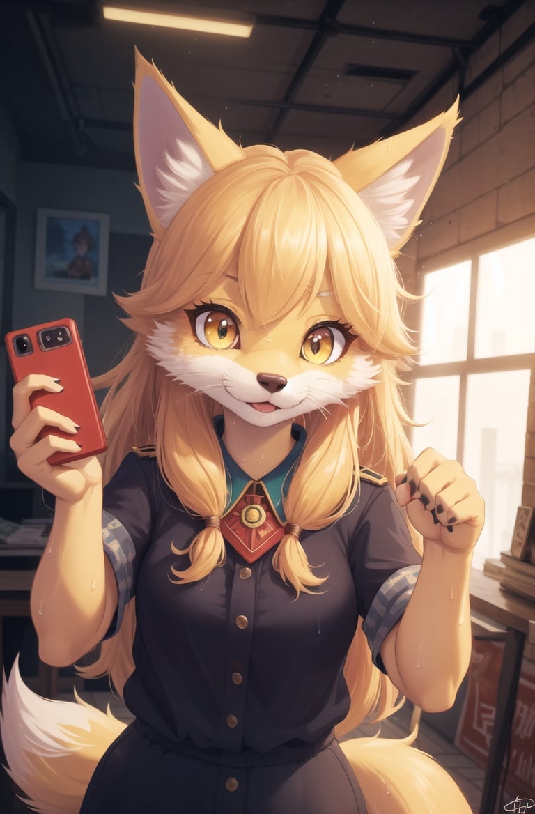 masterpiece, best quality,4k,hdr,perfect lighting 1girl,fox girl,animal ears,blonde,long hair,hair flaps,selfie, pawsfurry female,solo,soviet poster,young pionner,dog nose,yellow sweat, kitten,adorable, looking at viewerf,Communist ideology,dynamic pose,high detail fur