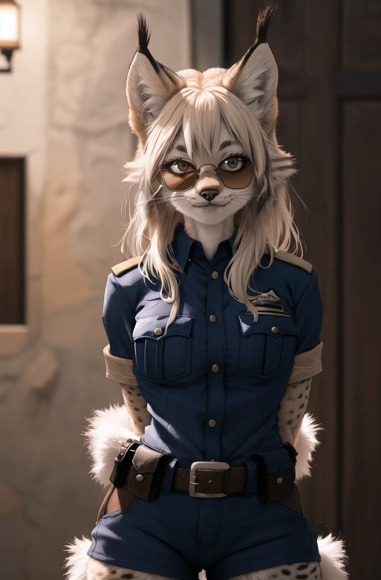 masterpiece, best quality,4k,hdr,perfect lighting,furry female,animal ears,arm behind back,lynx,sheli,cowboy shotsolo,blue police uniform,cinema angle,arm arms behind back, sunglasses, fur,looking at viewerhigh detail fur,animal nose<lora:Lynx:0.8> <hypernet:furry_kemono:0.5>