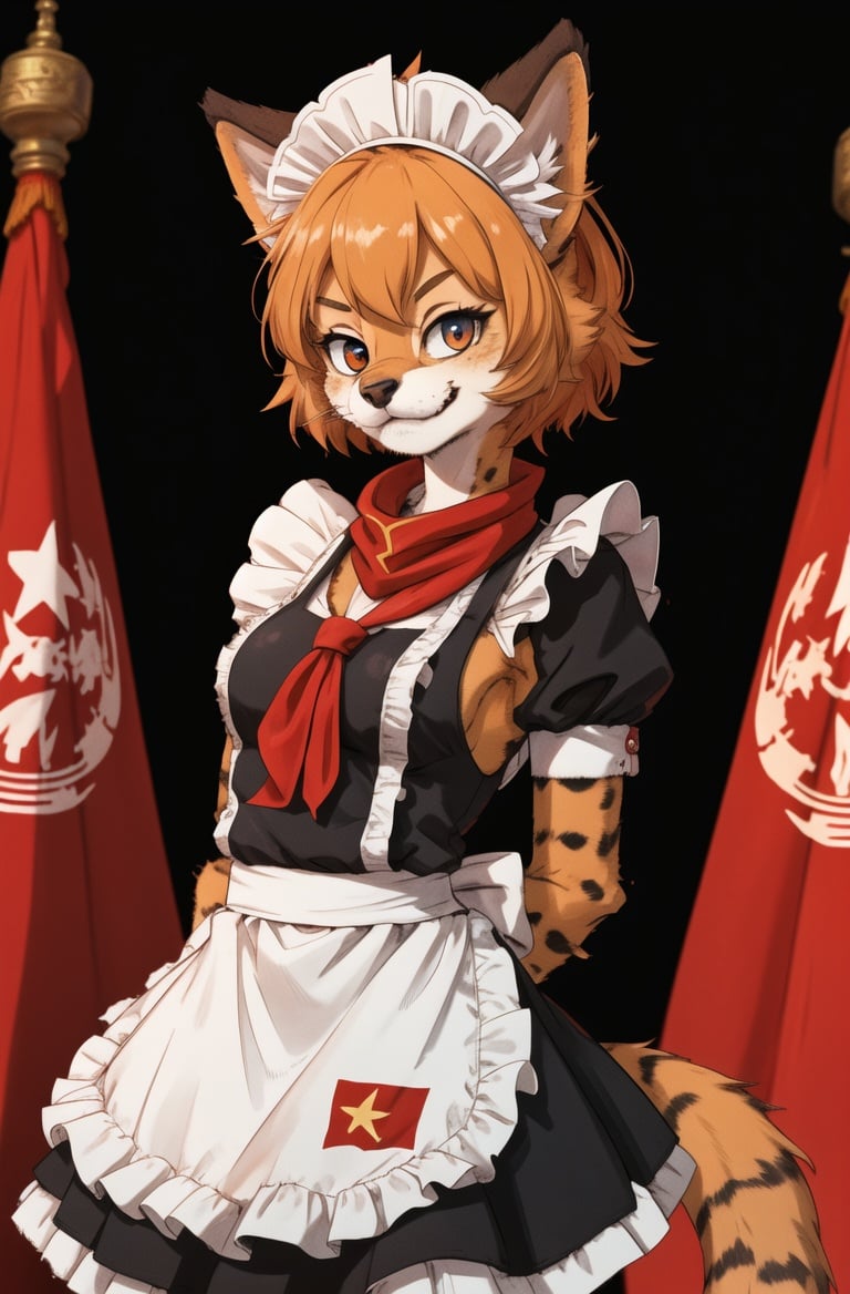 masterpiece, best quality,4k,hdr,perfect lighting 1girl,furry,solo,moscow,soviet,cowboy shot,fang,arm arms behind back, red flagkitten,adorable,maid uniform, looking at viewer,red neckchief,,Communist ideology,dynamic pose,fur tail,high detail fur, <hypernet:furry_kemono:0.5>  <lora:servalcat:0.7>