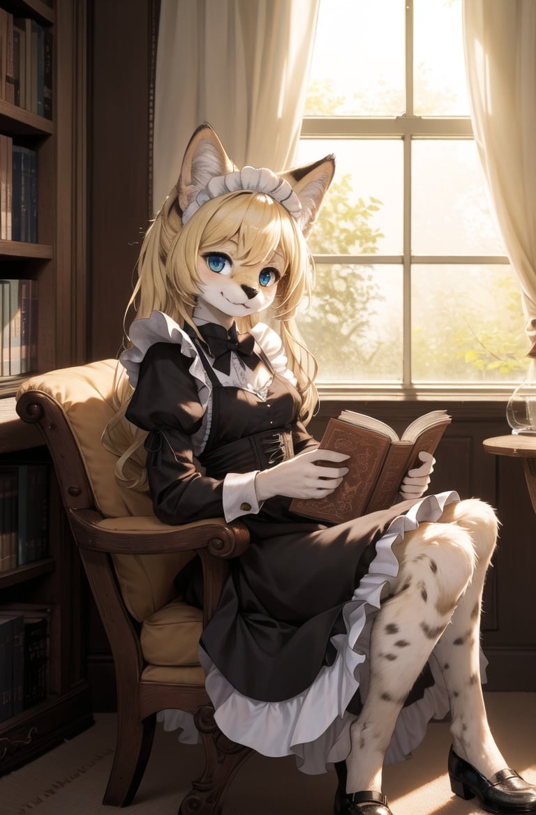 masterpiece, best quality,1girl,furry,reading book,blonde,servalcat,side of windows,perfect light,sit,kitten,adorable,maid dresss, looking at viewer, <hypernet:furry_kemono:0.3> <lora:servalcat:0.7>