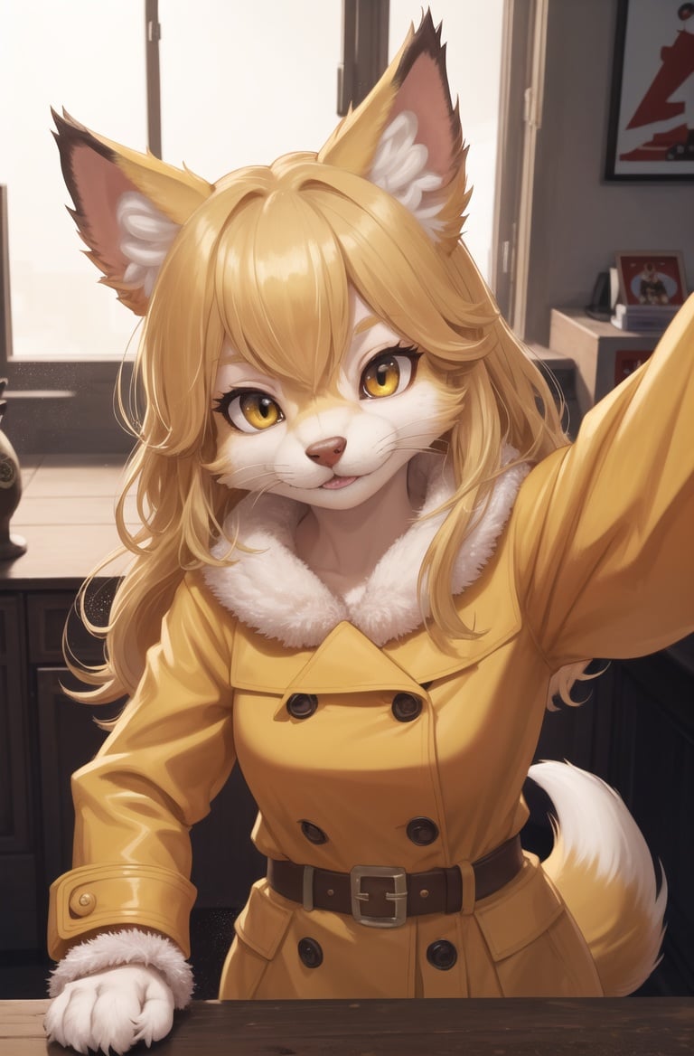 masterpiece, best quality,4k,hdr,perfect lighting 1girl,fox girl,animal ears,blonde,long hair,hair flaps,selfie, pawsfurry female,solo,soviet poster,young pionner,dog nose,yellow coatkitten,adorable, looking at viewerf,Communist ideology,dynamic pose,high detail fur