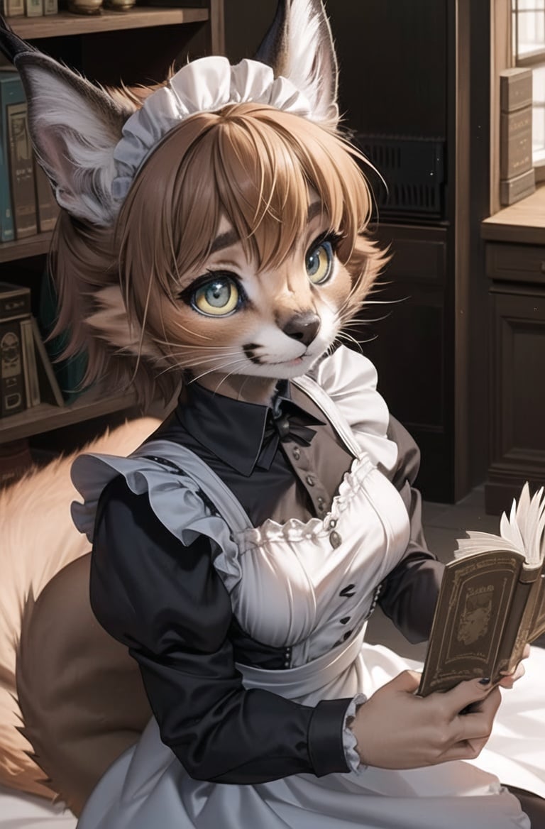 masterpiece, best quality,1girl,furry,reading bookcaracal,caracalcat,ningmao,kitten,adorable,maid dresss, looking at viewer,<lora:Caracal:0.8> <hypernet:furry_kemono:0.3>