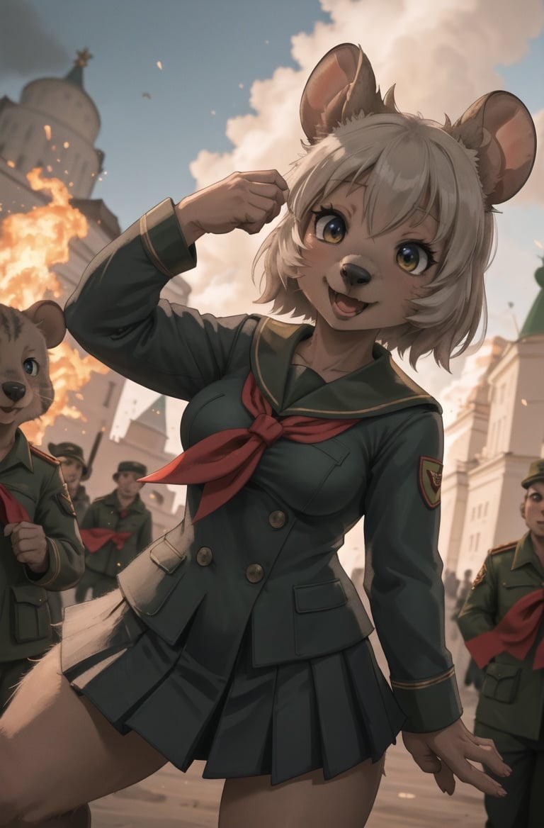 masterpiece, best quality,4k,hdr,perfect lighting 1girl,furry female,solo,moscow,soviet poster,young pionner,battlefield,boomkitten,adorable,black school uniform, looking at viewer,red neckchief,Communist ideology,dynamic pose,high detail fur,mouse ears,kemono friends, <hypernet:furry_kemono:0.5> <lora:output_name:0.4>,quokka <lora:ankamaV2:0.3>