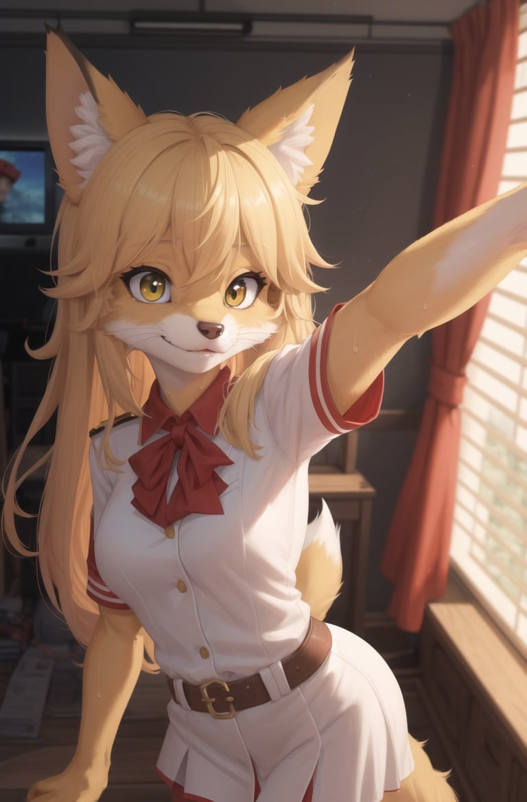 masterpiece, best quality,4k,hdr,perfect lighting 1girl,fox girl,animal ears,blonde,long hair,hair flaps,selfie, pawsfurry female,solo,young pionner uniform,dog nose,yellow sweat, cinema anglekitten,adorable, looking at viewerf,Communist ideology,dynamic pose,high detail fur