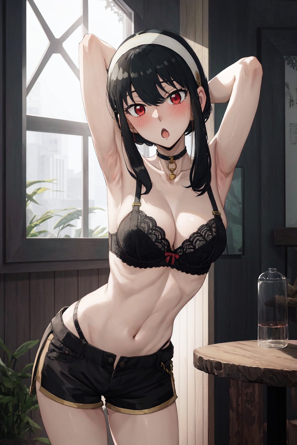 yor, 1girl, solo, bra, black bra, collarbone, no bottom, black hair, red eyes, red eyes, black hair, black hair, black hair, short hair, short hair with long locks, bangs, sideburns, white headband, gold chain on neck looking at viewer, :o, smooth bottom, standing, black shorts, legs spread, arms behind head, anime, erotic pose, blushing face, hut bottom, <lora:EMS-1456-EMS:1>