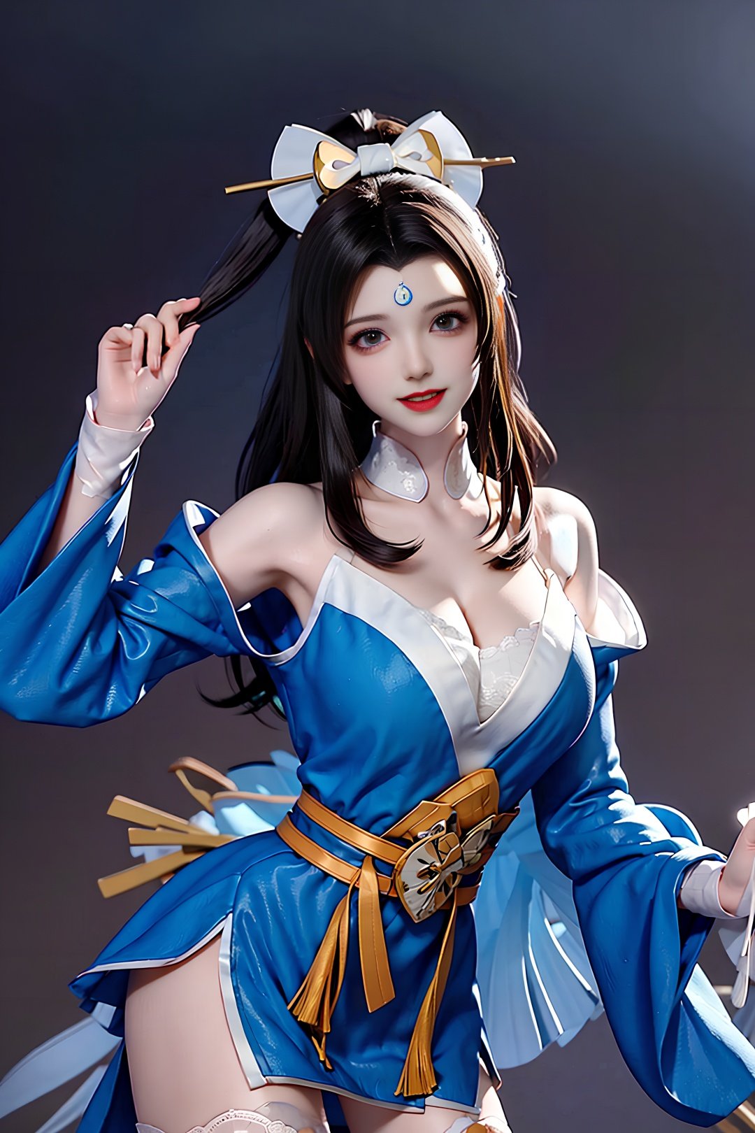 huowu,1girl, solo, black hair, long hair,white thighhighs, chair, high heels, cosplay,((upper body)),young and beautiful, tall and beautiful, fair face, perfect features, tall and beautiful, fair skin, good figure, 4k,cg,holding fan, blue theme,gameCG background,3Drender,realistic,cinematic lighting,smooth fog,detailed face, <lora:chilloutmixss_xss10:0.3> <lora:japaneseDollLikeness_v10:0.1>light smile, 