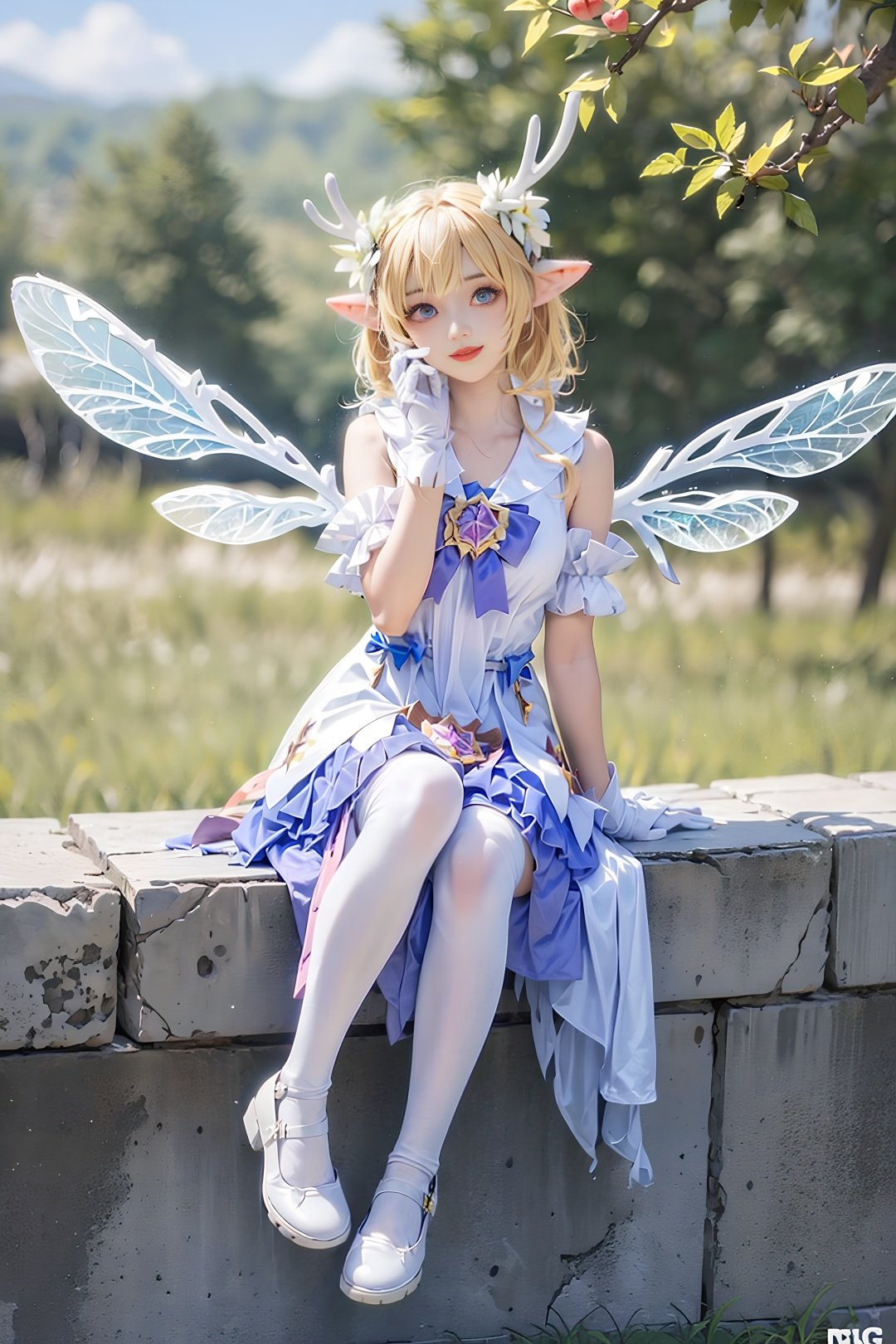 4k,cg,outdoors, ((Dragonfly wings)),small wings,antlers, garden, flower, light smile, sitting, (8K,perfect lighting,halo,proportionate)yaomei, 1girl, solo, cosplay, bangs <lora:chilloutmixss_xss10:0.1> <lora:japaneseDollLikeness_v10:0.1>