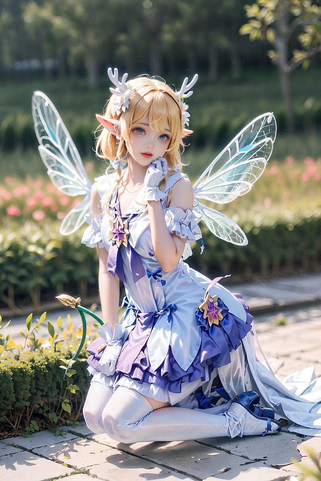 ((kneeling,crying)), 4k,cg, ((Dragonfly wings)),small wings,antlers, garden, flower, light smile, (8K,perfect lighting,halo,proportionate),full body, yaomei, 1girl, solo, cosplay, bangs <lora:chilloutmixss_xss10:0.1> <lora:japaneseDollLikeness_v10:0.1>