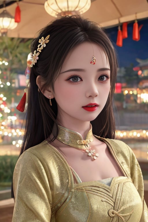 <lora:妹妹:0.65>, best quality, masterpiece, highres, 1girl,china dress,hair ornament,necklace, jewelry,Beautiful face,upon_body, tyndall effect,photorealistic, dark studio, rim lighting, two tone lighting,(high detailed skin:1.2), 8k uhd, dslr, soft lighting, high quality, volumetric lighting, candid, Photograph, high resolution, 4k, 8k, Bokeh <lora:GuoFeng3.2_Lora:0.2>1girl,