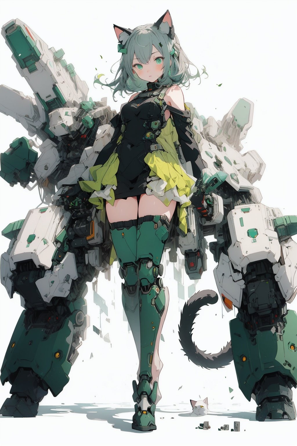 best quality,masterpiece,illustration,1girl,solo,full body,cat ear,Mecha,Blank background,(Minor machinery:1.1),(Mechanical leg:1.1),Human thigh,Green tone,Green hair,