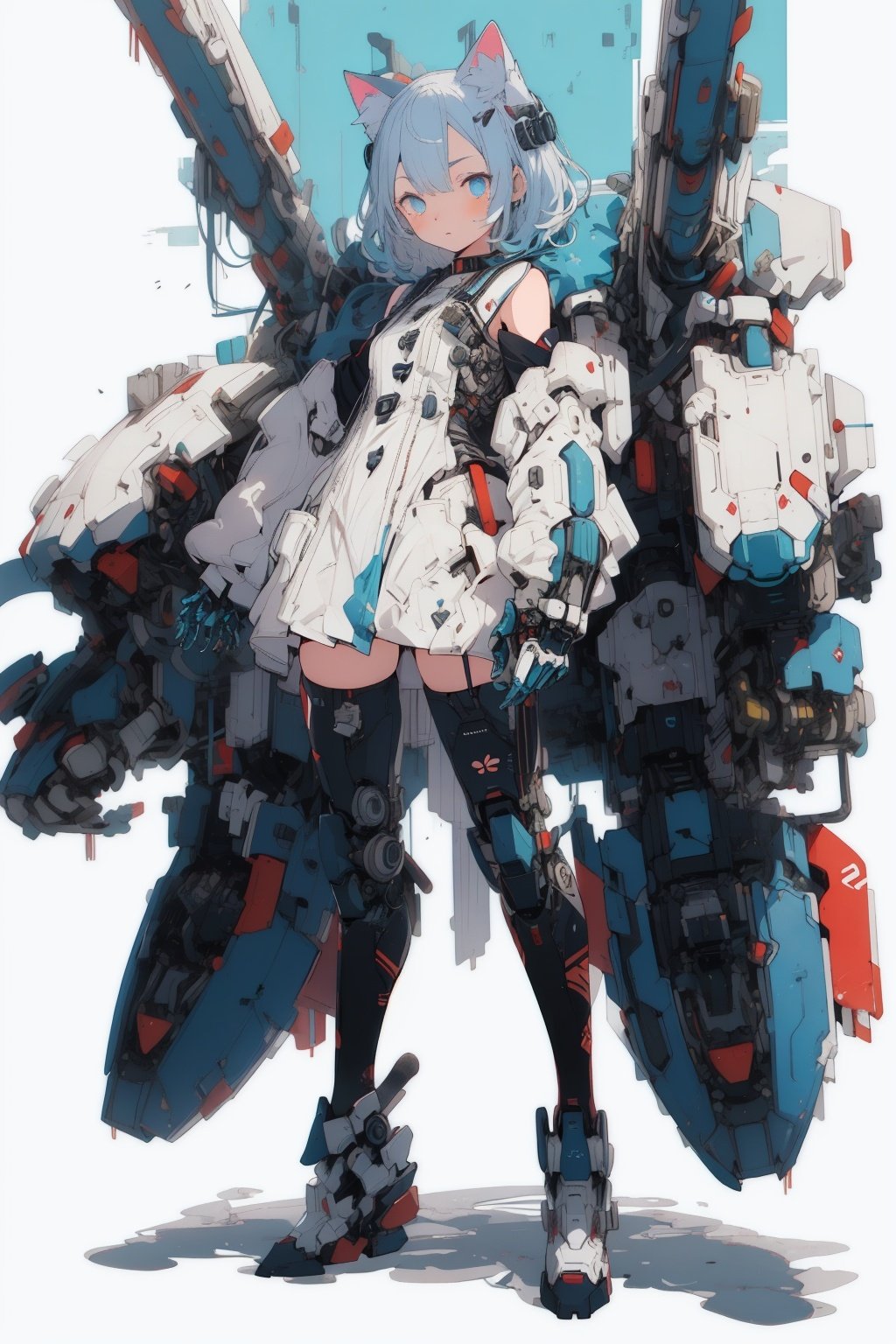 best quality,masterpiece,illustration,1girl,solo,full body,cat ear,Mecha,Blank background,Minor machinery,Mechanical leg,Blue hair,Blue tone,