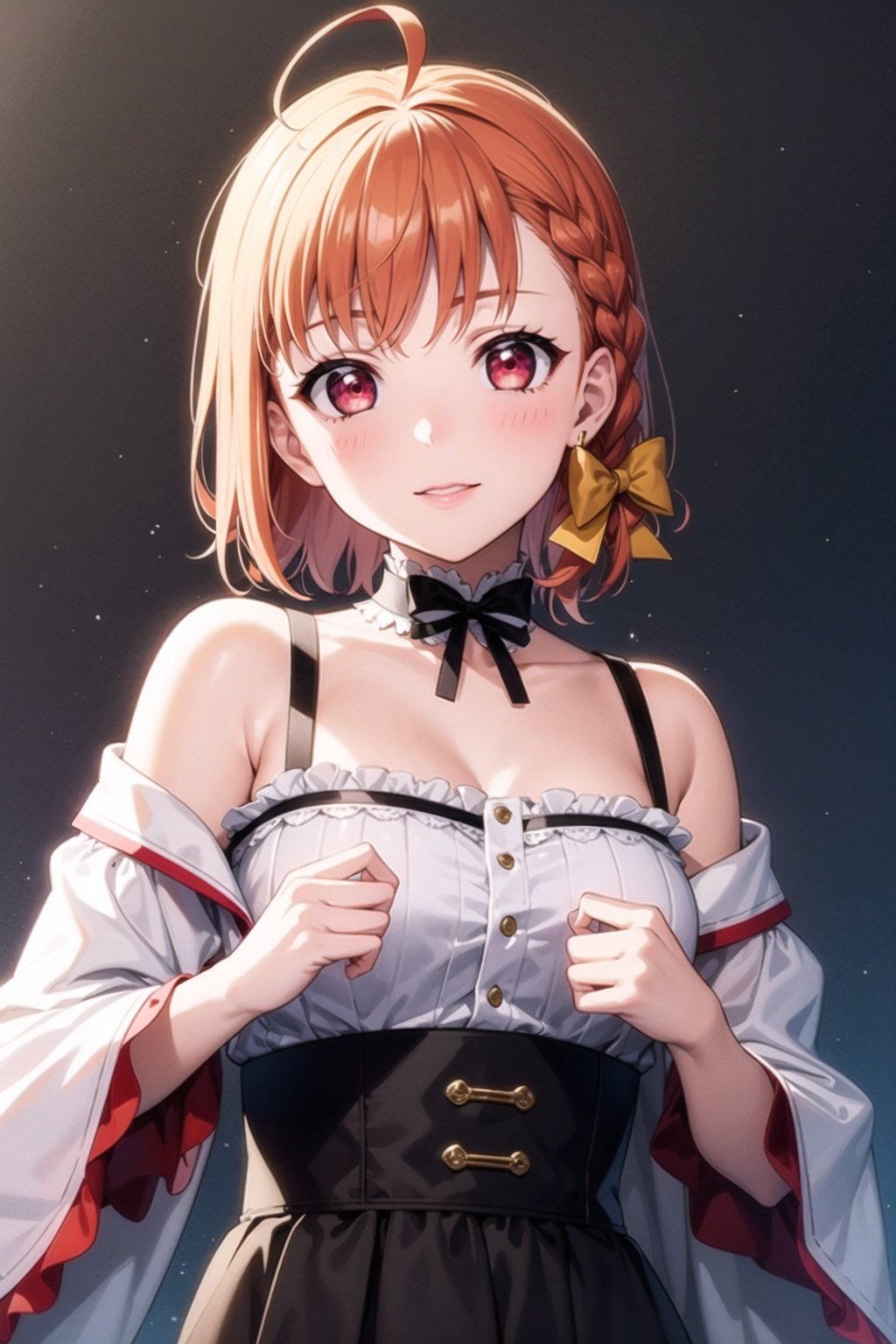 (masterpiece, best quality, ultra-detailed), 1girl, solo, takami chika, red eyes, braid, hair bow, ahoge, 