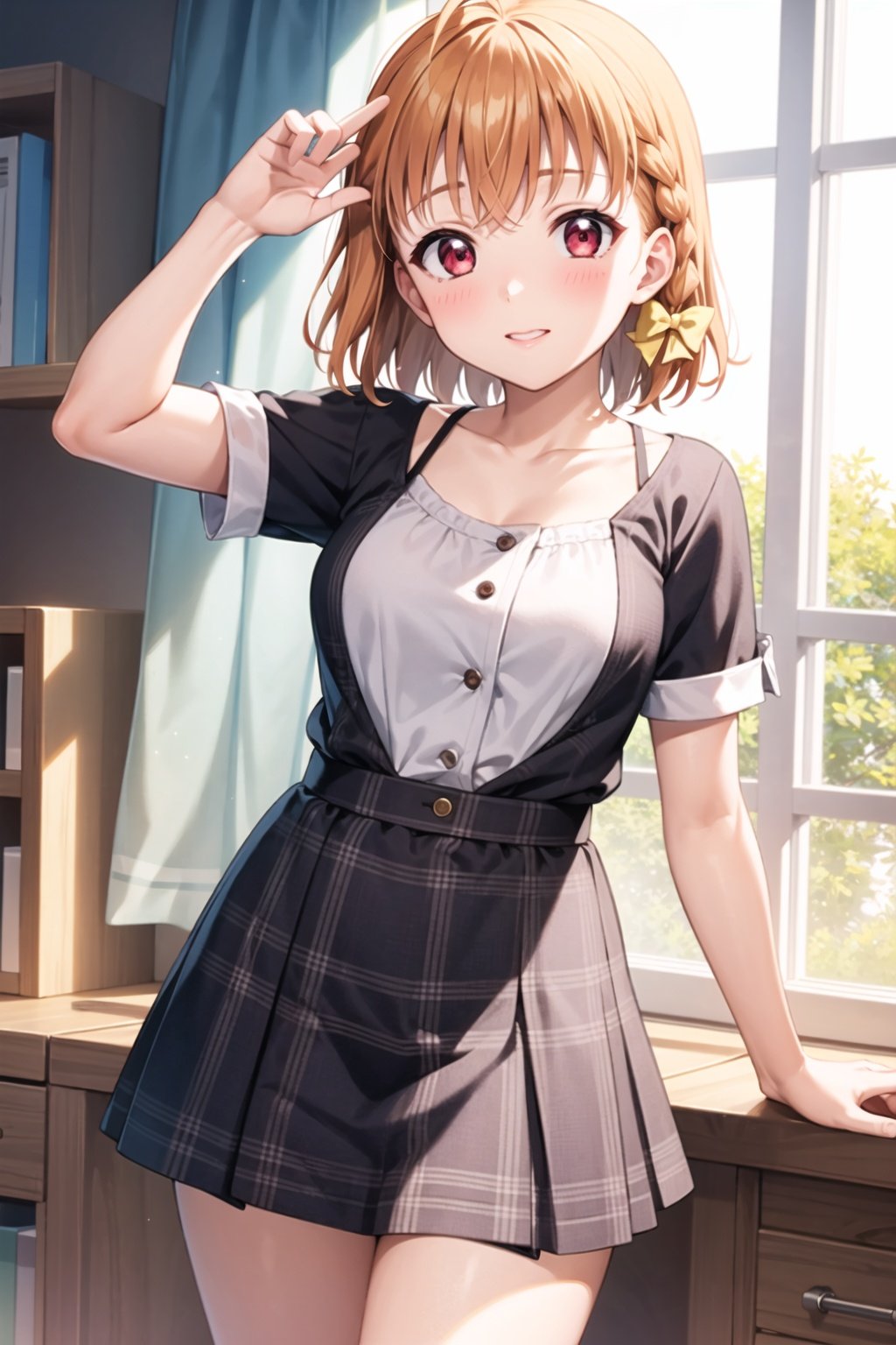 (masterpiece, best quality, ultra-detailed), 1girl, solo, takami chika, red eyes, braid, hair bow, ahoge, 