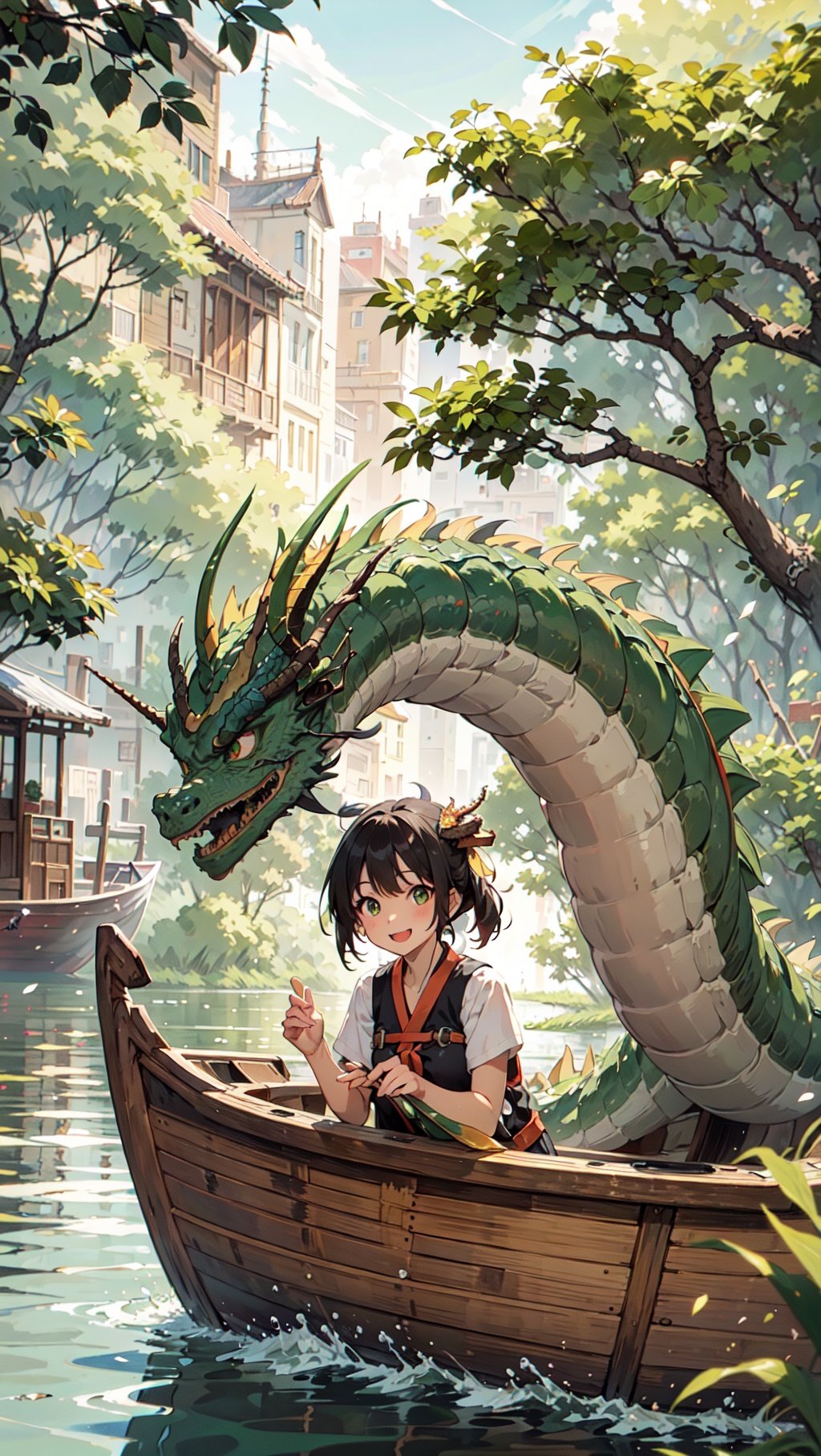 Best quality,masterpiece,ultra high res,Summer,Green,(dragon:1.5),Indocalamus Leaf,longzhou,1 girl,(bright eyes, sun-kissed skin, carefree expression),smile,boat,(There are more boats in the distance:1.5),,longzhou,There's sticky rice on the boat,boat,watercraft,  <lora:DW:1>