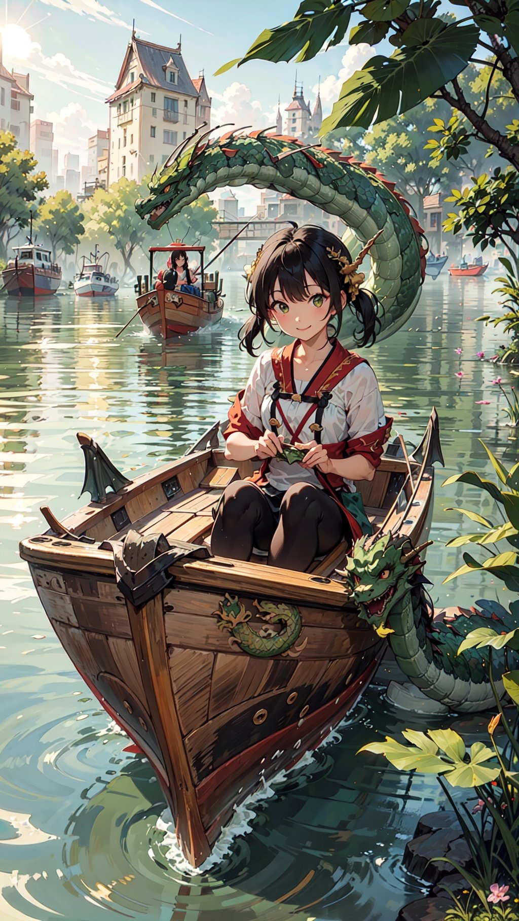 Best quality,masterpiece,ultra high res,Summer,Green,(dragon:1.5),Indocalamus Leaf,longzhou,1 girl,(bright eyes, sun-kissed skin, carefree expression),smile,boat,(There are more boats in the distance:1.5),,longzhou,There's sticky rice on the boat,boat,watercraft,  <lora:DW:1>