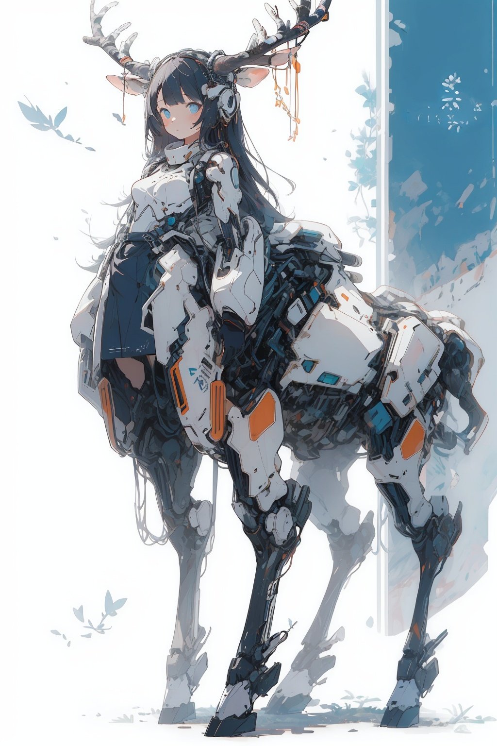 best quality,masterpiece,illustration,1girl,solo,full body,Mecha,Blank background,Deer ear,antler,Blue tone,(Solid color:1.4),