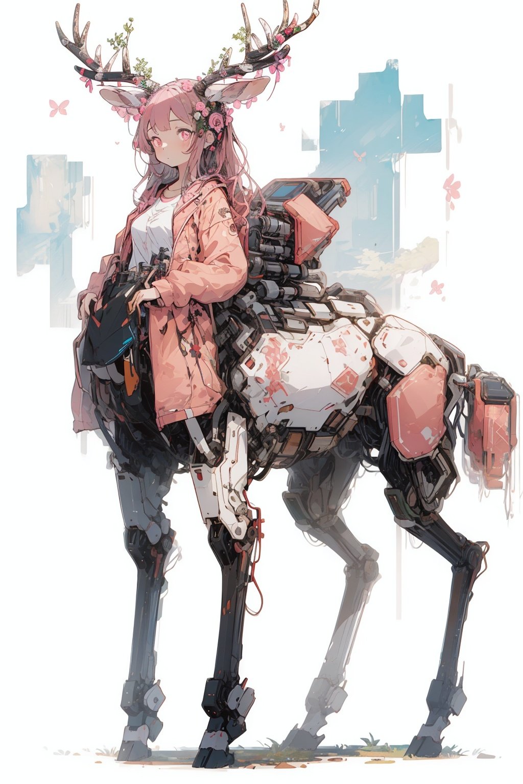 best quality,masterpiece,illustration,1girl,solo,full body,Mecha,Blank background,Deer ear,antler,Pink tone,