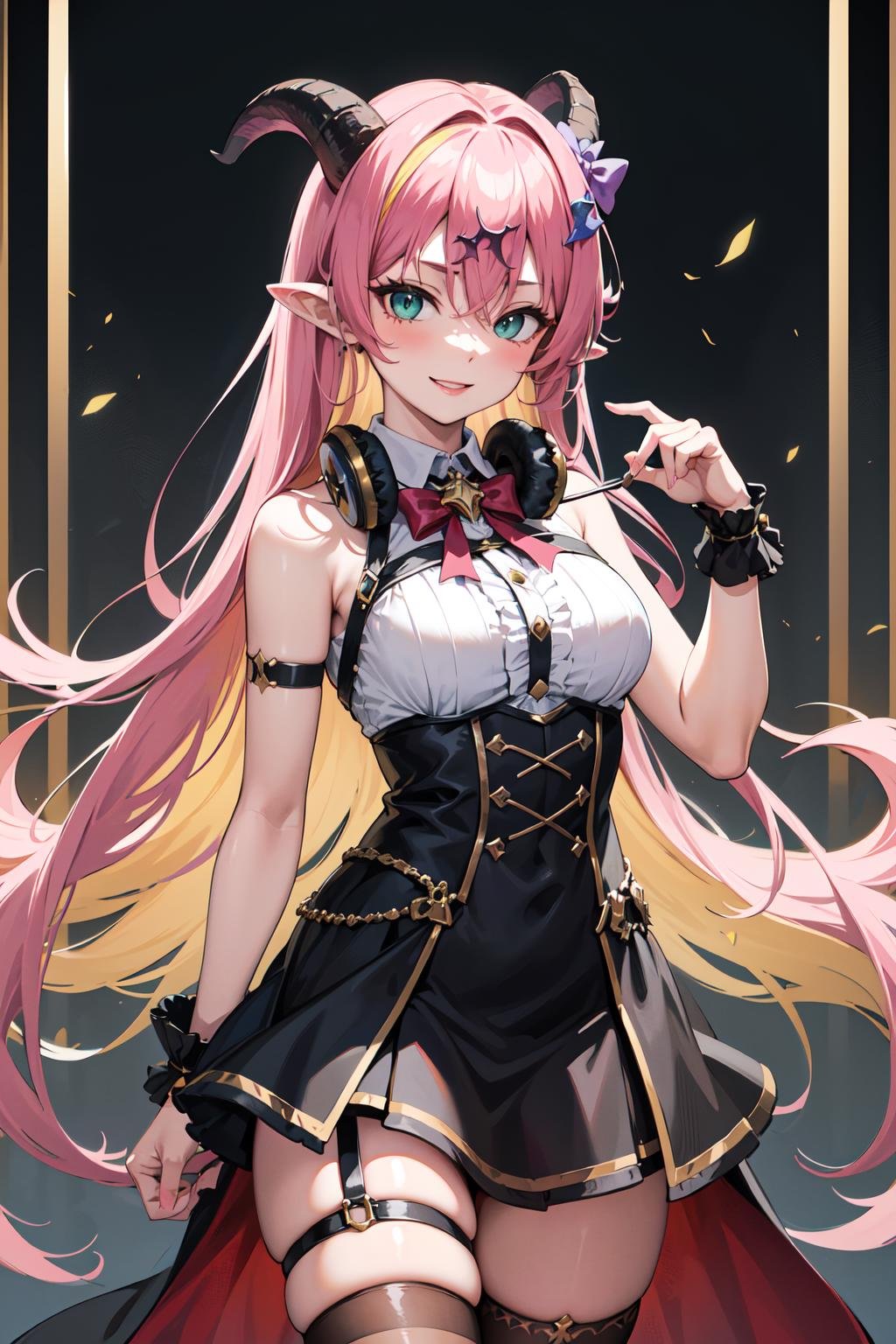 masterpiece, best quality, highres, aloe1, 1girl, solo, pointy ears, multicolored hair, asymmetrical horns, demon horns, hair ornament, blonde hair, chest harness, thighhighs, long hair, asymmetrical legwear, pink hair, sleeveless, bare shoulders, demon tail, thigh strap, wrist cuffs, green eyes, arm strap, skirt, horn bow, mismatched legwear, sleeveless horn ornament, bangs, headphones around neck, uneven legwear, hair between eyes,  <lora:mano_aloe_v10:0.6>, cowboy shot, smile,