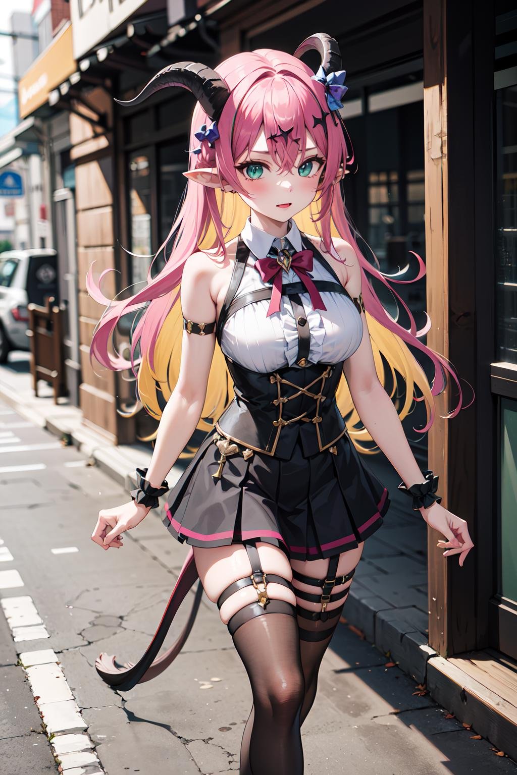 masterpiece, best quality, highres, aloe1, 1girl, solo, pointy ears, multicolored hair, asymmetrical horns, demon horns, hair ornament, blonde hair, chest harness, thighhighs, long hair, asymmetrical legwear, pink hair, sleeveless, bare shoulders, demon tail, thigh strap, wrist cuffs, green eyes, arm strap, skirt, horn bow, mismatched legwear, sleeveless horn ornament, bangs, headphones around neck, uneven legwear, hair between eyes,  <lora:mano_aloe_v10:0.6>, walking, street,