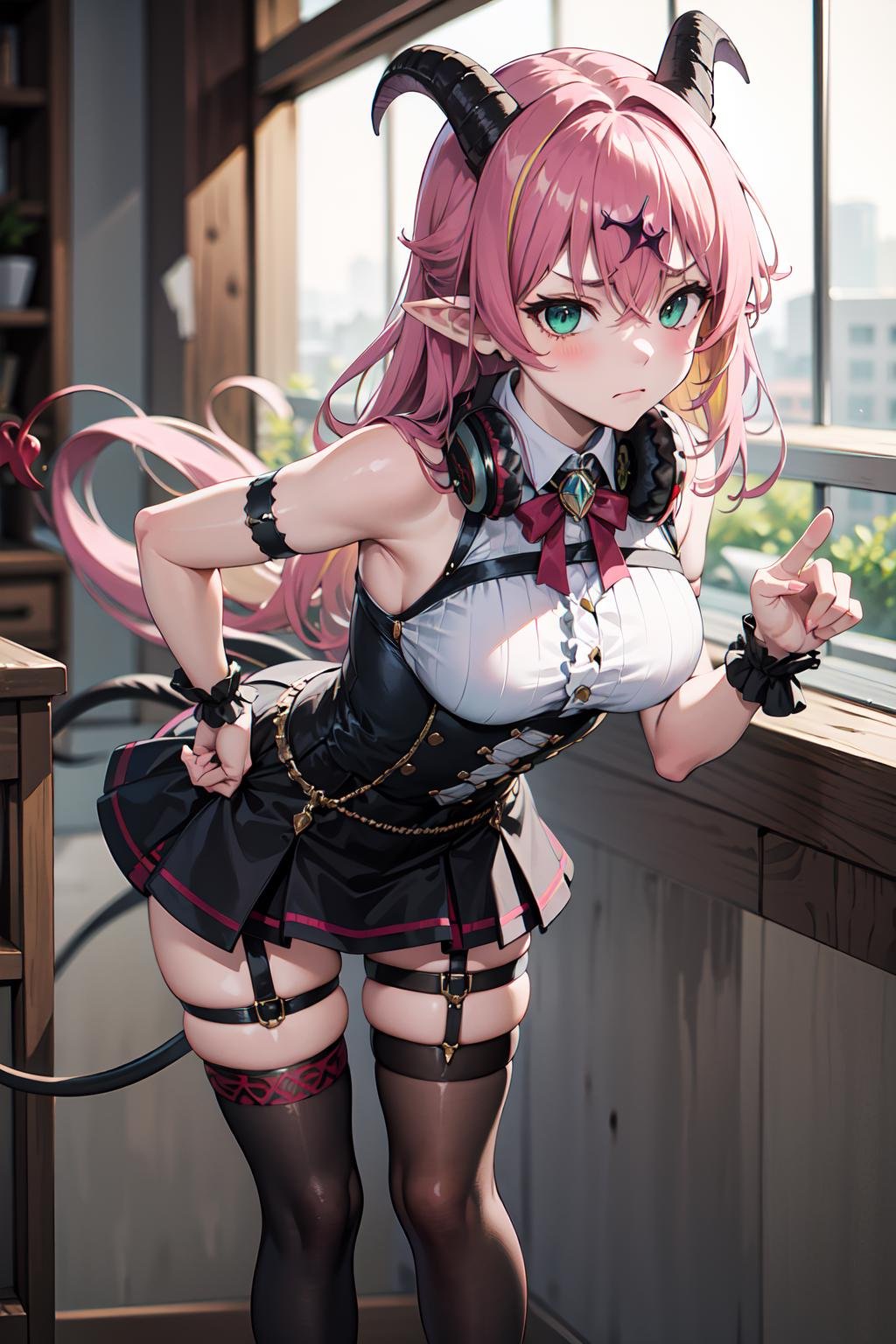 masterpiece, best quality, highres, aloe1, 1girl, solo, pointy ears, multicolored hair, asymmetrical horns, demon horns, hair ornament, blonde hair, chest harness, thighhighs, long hair, asymmetrical legwear, pink hair, sleeveless, bare shoulders, demon tail, thigh strap, wrist cuffs, green eyes, arm strap, skirt, horn bow, mismatched legwear, sleeveless horn ornament, bangs, headphones around neck, uneven legwear, hair between eyes,  <lora:mano_aloe_v10:0.6>, leaning forward, pointing, frown, 