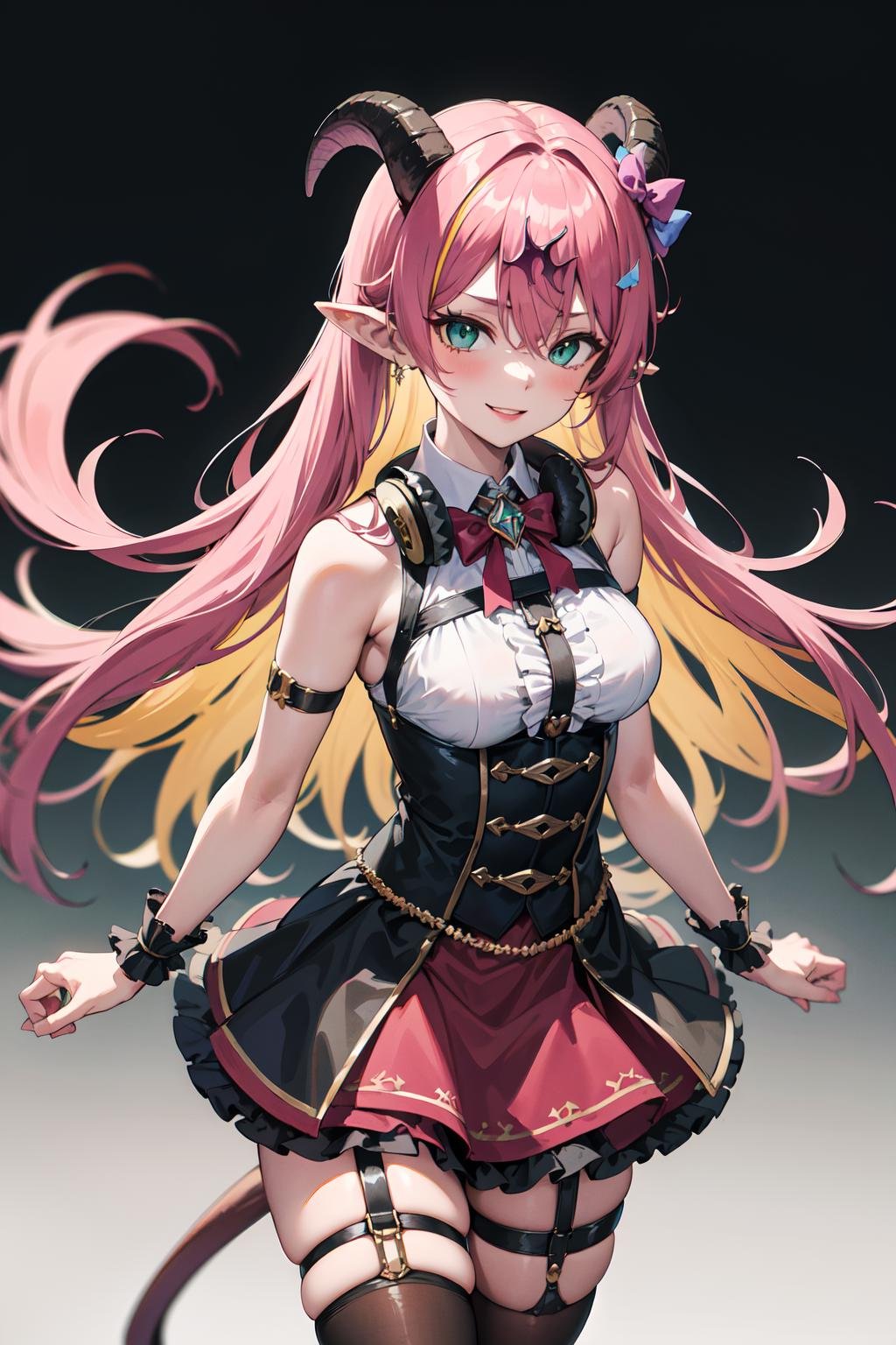 masterpiece, best quality, highres, aloe1, 1girl, solo, pointy ears, multicolored hair, asymmetrical horns, demon horns, hair ornament, blonde hair, chest harness, thighhighs, long hair, asymmetrical legwear, pink hair, sleeveless, bare shoulders, demon tail, thigh strap, wrist cuffs, green eyes, arm strap, skirt, horn bow, mismatched legwear, sleeveless horn ornament, bangs, headphones around neck, uneven legwear, hair between eyes,  <lora:mano_aloe_v10:0.6>, cowboy shot, smile,