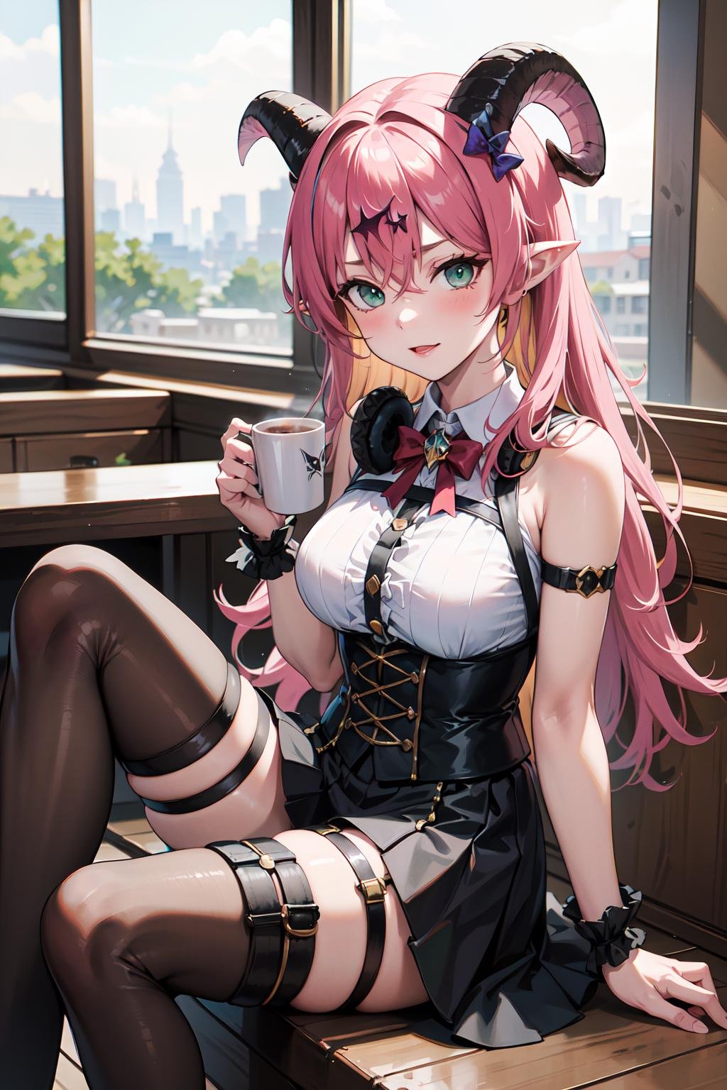 masterpiece, best quality, highres, aloe1, 1girl, solo, pointy ears, multicolored hair, asymmetrical horns, demon horns, hair ornament, blonde hair, chest harness, thighhighs, long hair, asymmetrical legwear, pink hair, sleeveless, bare shoulders, demon tail, thigh strap, wrist cuffs, green eyes, arm strap, skirt, horn bow, mismatched legwear, sleeveless horn ornament, bangs, headphones around neck, uneven legwear, hair between eyes,  <lora:mano_aloe_v10:0.6>, cafe, sitting, coffee, mug, 