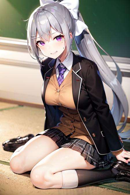 masterpiece, best quality, highres, higuchi kaede, 1girl, virtual youtuber, solo, long hair, mole under eye, skirt, necktie, jacket, purple eyes, socks, ponytail, hair ornament, white bow, hair bow, bow, blazer, very long hair, purple necktie, pleated skirt, white socks, hairclip, open clothes, cardigan, school uniform, kneehighs, grey hair, black jacket, shirt, collared shirt, plaid, open jacket, bangs, plaid skirt, miniskirt, tachi-e, white shirt, long sleeves, grey skirt, breasts, plaid necktie, <lora:higuchi_kaede_v1:0.7>