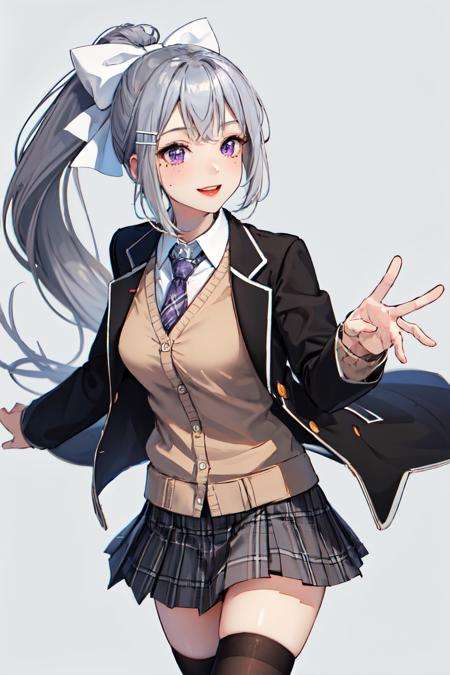 masterpiece, best quality, highres, higuchi kaede, 1girl, virtual youtuber, solo, long hair, mole under eye, skirt, necktie, jacket, purple eyes, socks, ponytail, hair ornament, white bow, hair bow, bow, blazer, very long hair, purple necktie, pleated skirt, white socks, hairclip, open clothes, cardigan, school uniform, kneehighs, grey hair, black jacket, shirt, collared shirt, plaid, open jacket, bangs, plaid skirt, miniskirt, tachi-e, white shirt, long sleeves, grey skirt, breasts, plaid necktie, <lora:higuchi_kaede_v1:0.6>, standing, cowboy shot, smile,