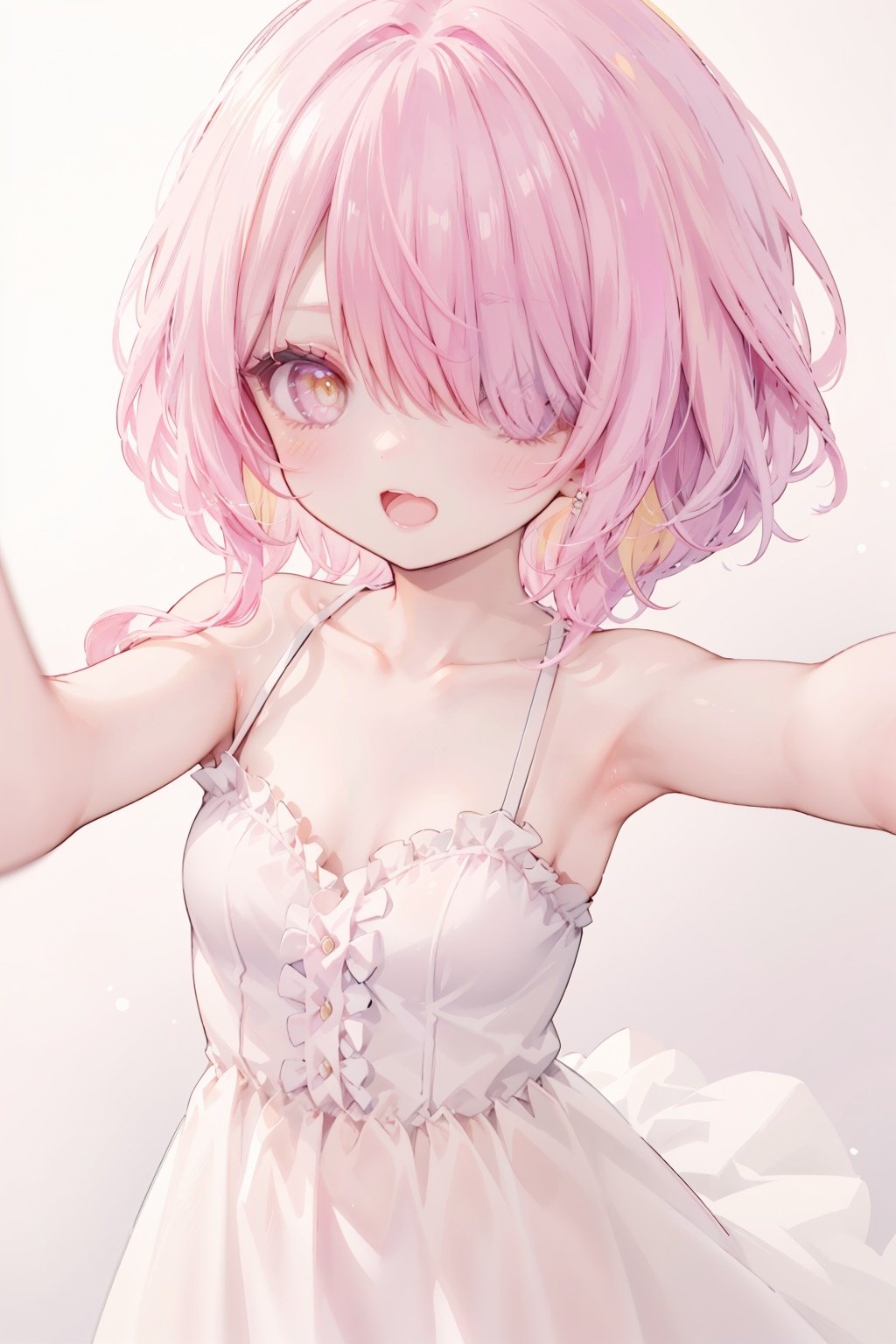 1girl, solo,looking at viewer,collarbone, blush,bare arms, bare shoulders,reaching arm ,close range, pink hair,yellow eyes,hair over one eye,hair tie,medium hair with long locks, low tied,low ponytail,long locks,solo locks,child,small breasts,bare shoulders,happy,blush,light smile,open mouth,standing,upper body,white background,arms reaching out,reaching out,White Slip dress