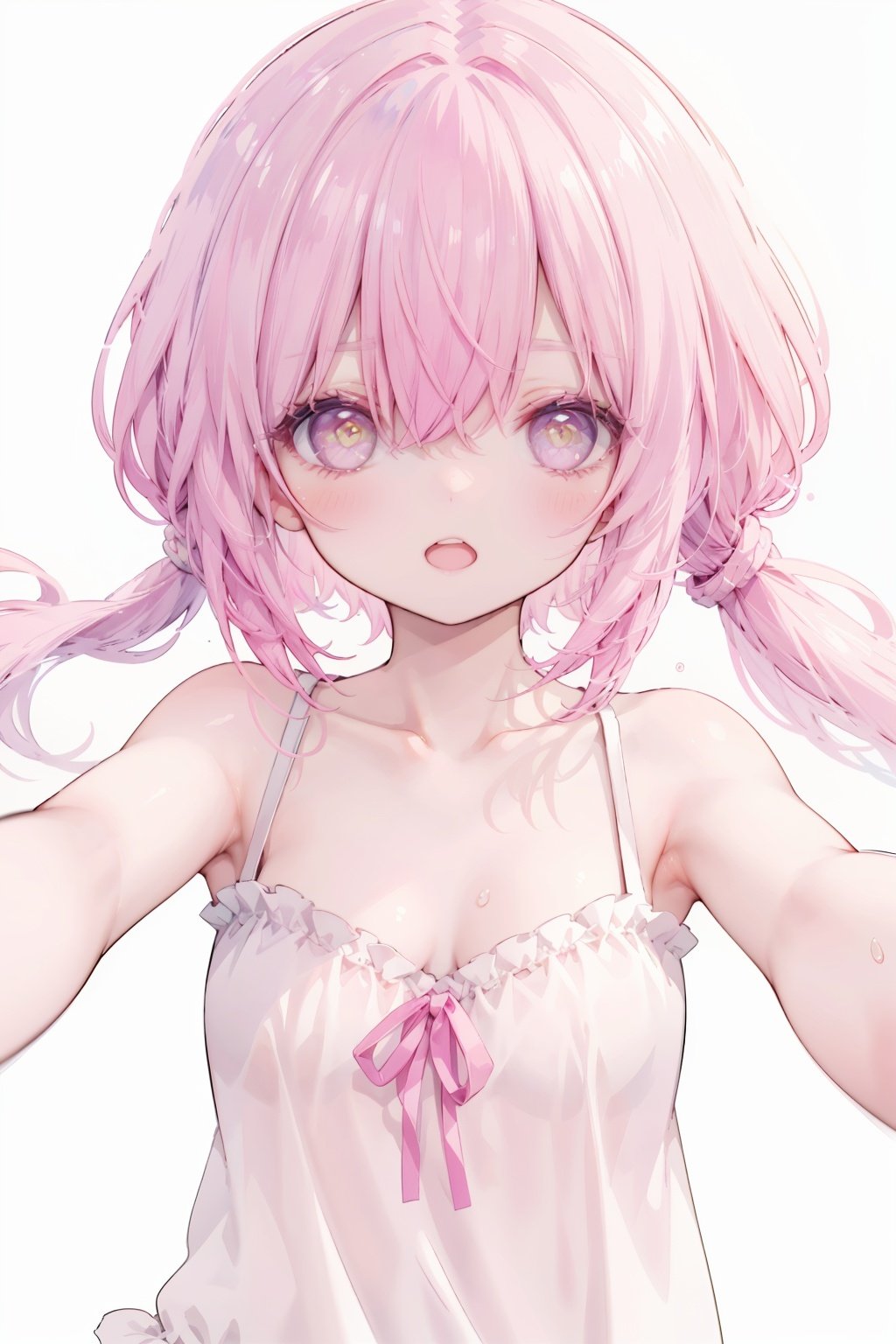 1girl, solo,looking at viewer,collarbone, blush,bare arms, bare shoulders,reaching out,close range, pink hair,yellow eyes,hair over one eye,hair tie,medium hair with long locks , low tied,low ponytail,long locks,solo locks,child,small breasts,bare shoulders,blush,light smile,open mouth, winking, standing,upper body,white background, 