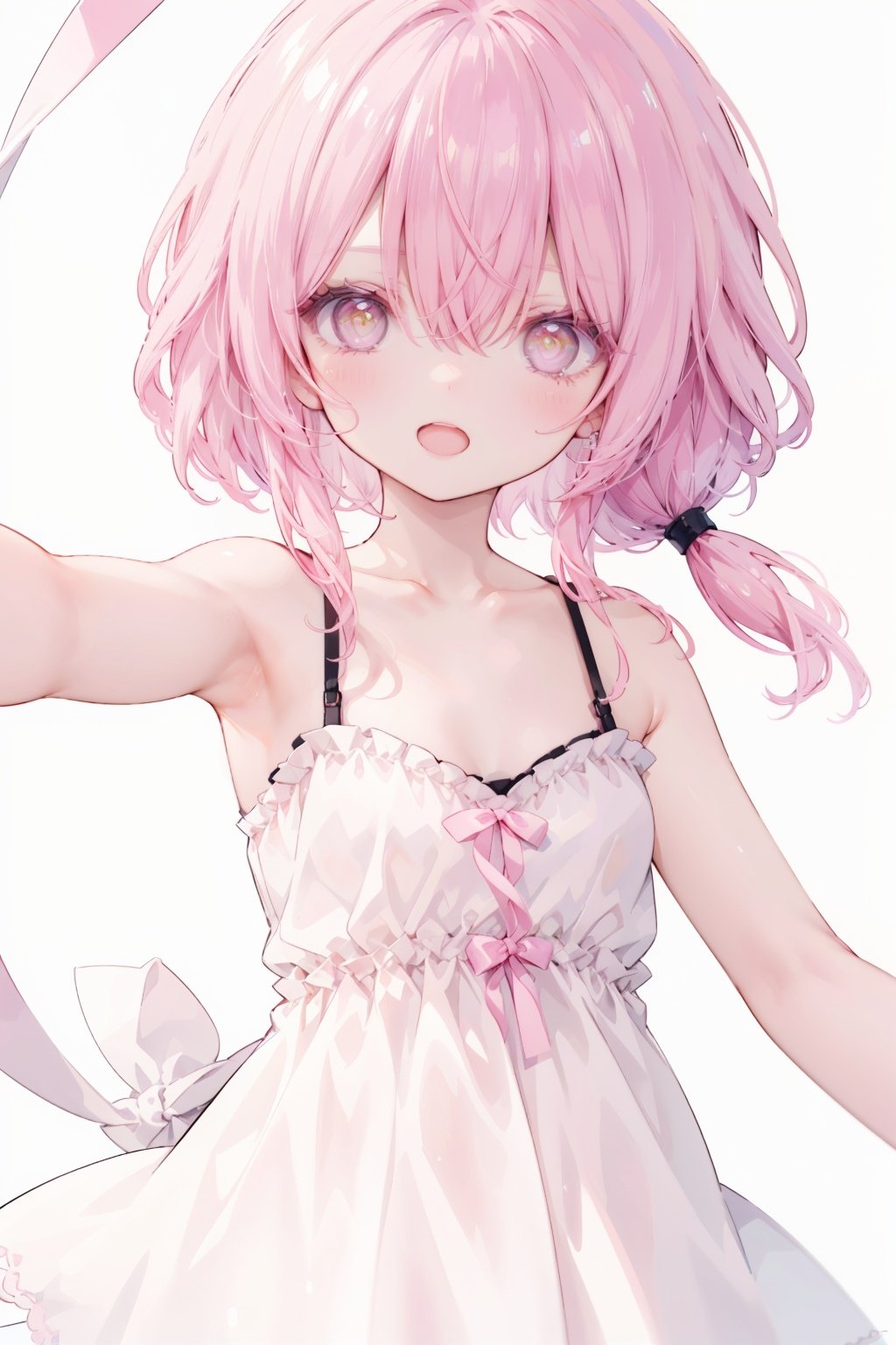 1girl, solo,looking at viewer,collarbone, blush,bare arms, bare shoulders,reaching arm ,close range, pink hair,yellow eyes,hair over one eye,hair tie,medium hair with long locks, low tied,low ponytail,long locks,solo locks,child,small breasts,bare shoulders,happy,blush,light smile,open mouth,standing,upper body,white background,arms out,reaching out,White Slip dress,outstretched arms