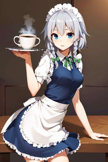 masterpiece, best quality, highres,  1girl, solo, sakuya1, <lora:izayoi_sakuya_v1:0.8>, maid, blue eyes, grey hair, medium breasts, holding tray, coffee,