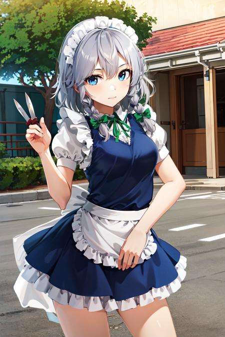 masterpiece, best quality, highres,  1girl, solo, sakuya1, izayoi sakuya, <lora:izayoi_sakuya_v1:0.8>, maid, blue eyes, grey hair, medium breasts, knife, outdoors, 