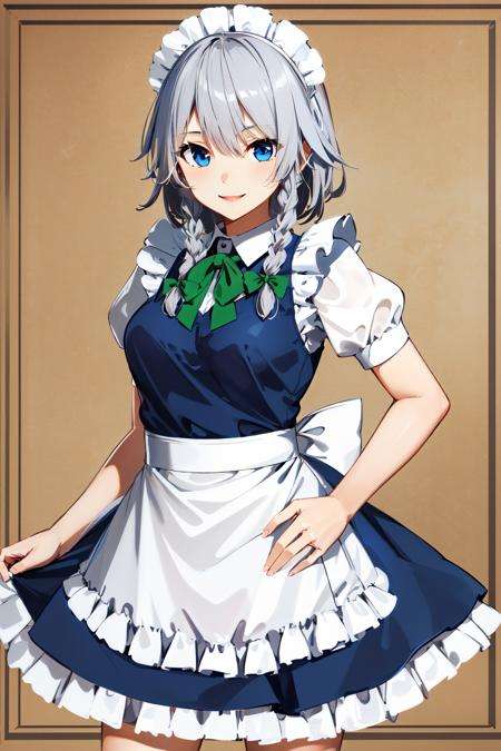 masterpiece, best quality, highres,  1girl, solo, sakuya1, <lora:izayoi_sakuya_v1:0.8>, maid, blue eyes, grey hair, medium breasts, smile, holding skirt,