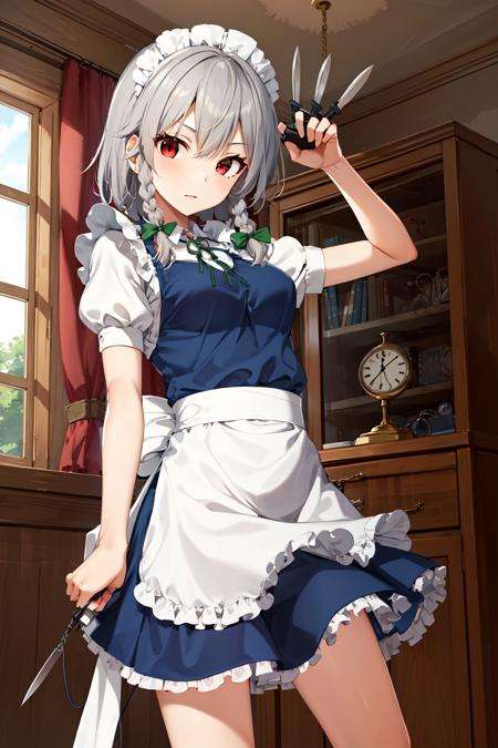 masterpiece, best quality, highres,  1girl, solo, sakuya1, izayoi sakuya, maid, red eyes, grey hair, medium breasts, <lora:izayoi_sakuya_v1:0.7>, pocket watch, knife, indoors,